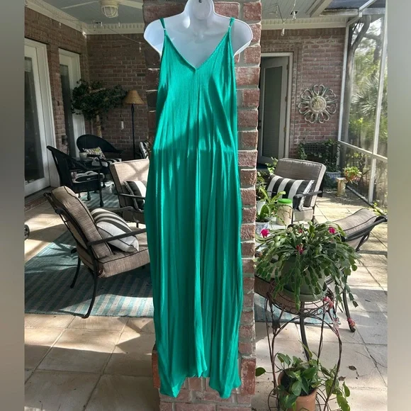 LOVESTITCH Bright Emerald Green Gauze Boho Maxi Dress Pockets M L Adjustable NWT - Picture 8 of 9